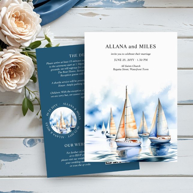 Invitation Détails de mariage sur voilier côtier et code QR (Créateur téléchargé)