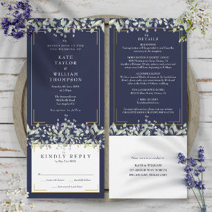 Invitation Détails de mariage tout-en-un bleu marine feuillag
