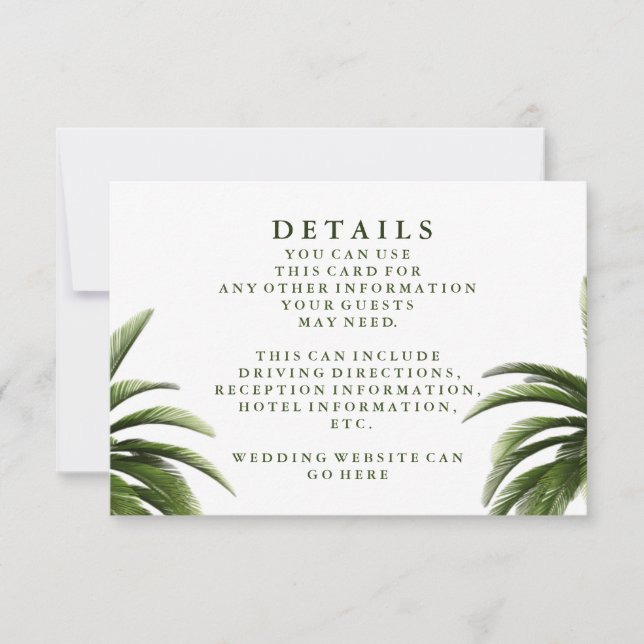 Invitation Détails de mariage vert avec palmier tropical (Devant)