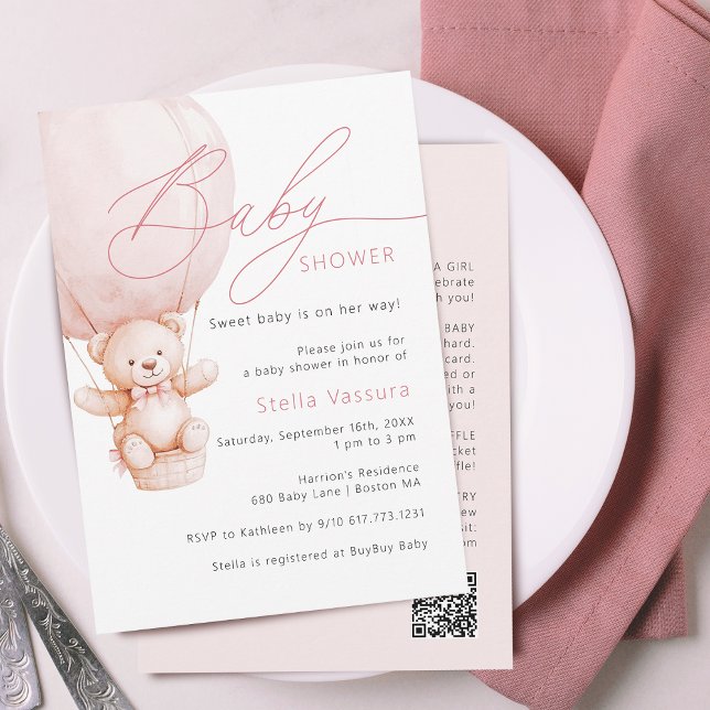 Invitation Détails de Nounours Code QR Fille Baby Shower (Teddy Bear Details QR Code Girl Baby Shower Invitation)