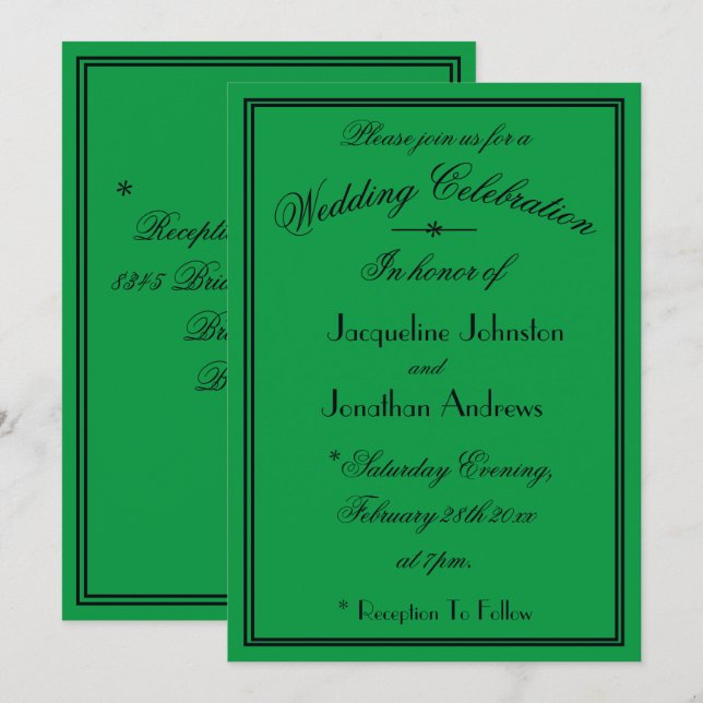 Invitation Détails de police simple noir mariage vert émeraud (Devant / Derrière)