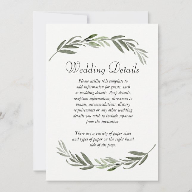 Invitation Détails de réception de mariage à feuille verte él (Devant)