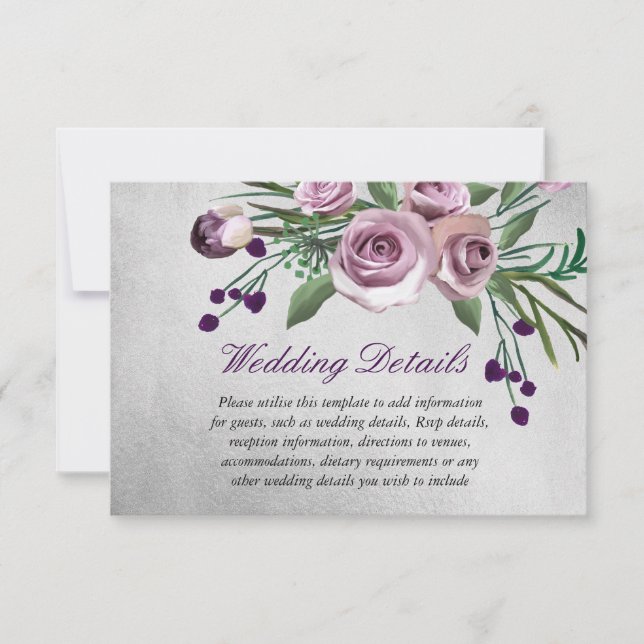 Invitation Détails de réception de mariage argenté Purple Ros (Devant)