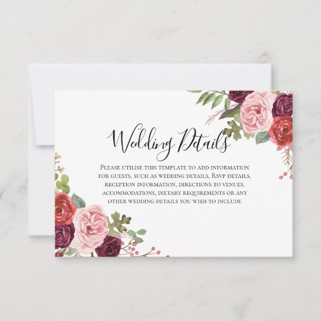 Invitation Détails de réception de mariage avec fleurs rose p (Devant)