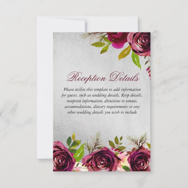 Invitation Détails de réception de mariage floral argent Bour (Devant)