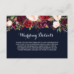 Invitation Détails de réception de mariage Floral Burgundy Na