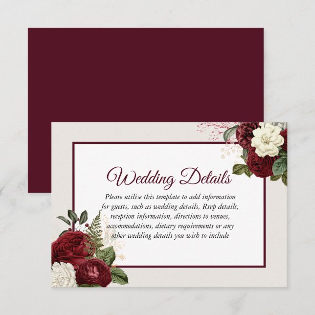Invitation Détails de réception de mariage floral burgundy ro (Devant / Derrière)