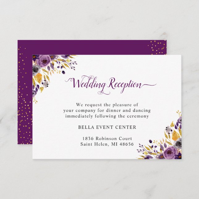 Invitation Détails de réception de mariage floral or violet p (Devant / Derrière)