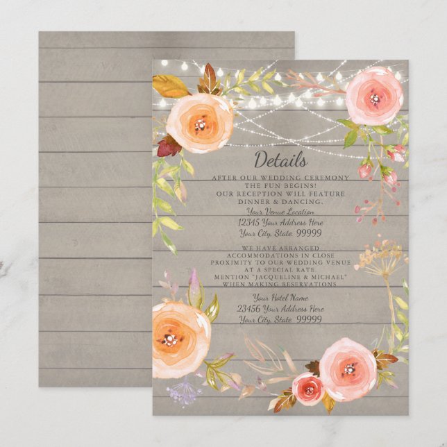 Invitation Détails de réception Rustique Floral Bois Lumière  (Devant / Derrière)