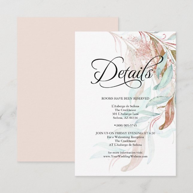 Invitation DÉTAILS DU CLIENT | Aqua Coral Eucalyptus Feuilles (Devant / Derrière)