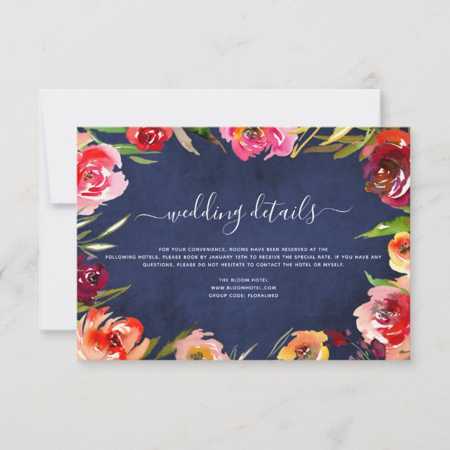 Invitation Détails du mariage Aquarelle bleu marine (Devant)