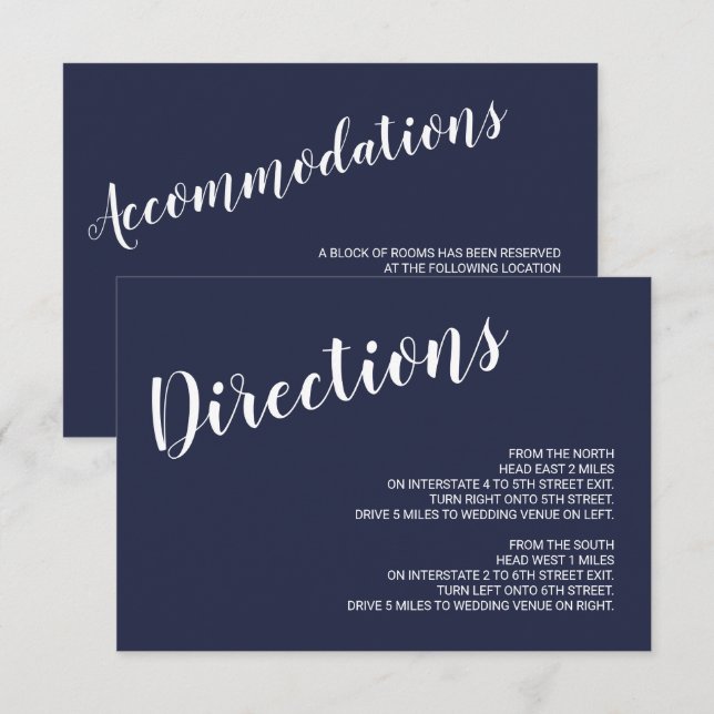 Invitation Détails du Mariage bleu marine moderne Script (Devant / Derrière)