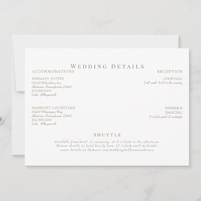 Invitation Détails du Mariage de texte blanc et or (Devant)