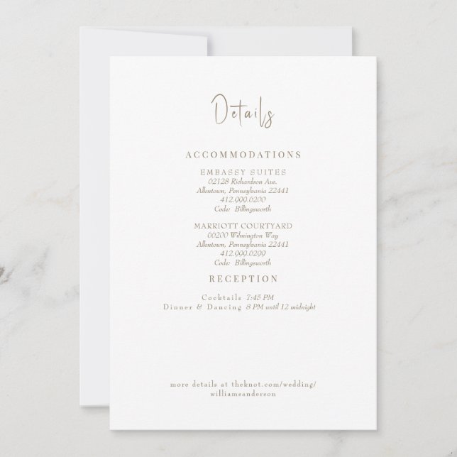 Invitation Détails du Mariage de texte en or blanc (Devant)