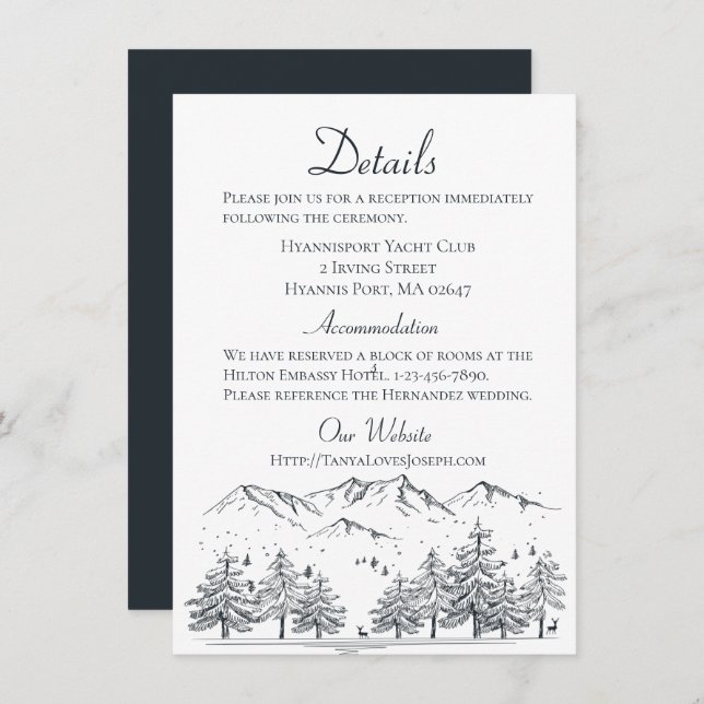 Invitation Détails du mariage d'hiver Pays, Rustic Mountain (Devant / Derrière)