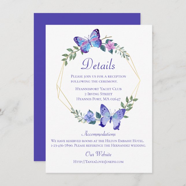 Invitation Détails du Mariage papillon Papillons Floral bleu (Devant / Derrière)