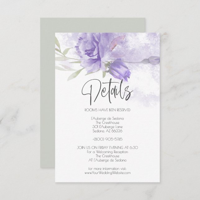 Invitation Détails du mariage Rose d'aquarelle violet Lilac (Devant / Derrière)