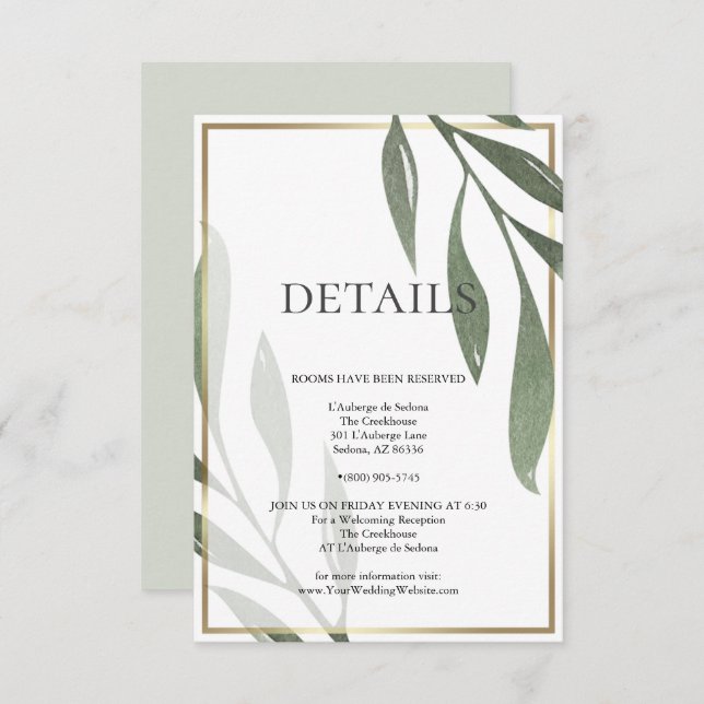Invitation DÉTAILS DU MARIAGE | Sage Green Olive Foliing (Devant / Derrière)