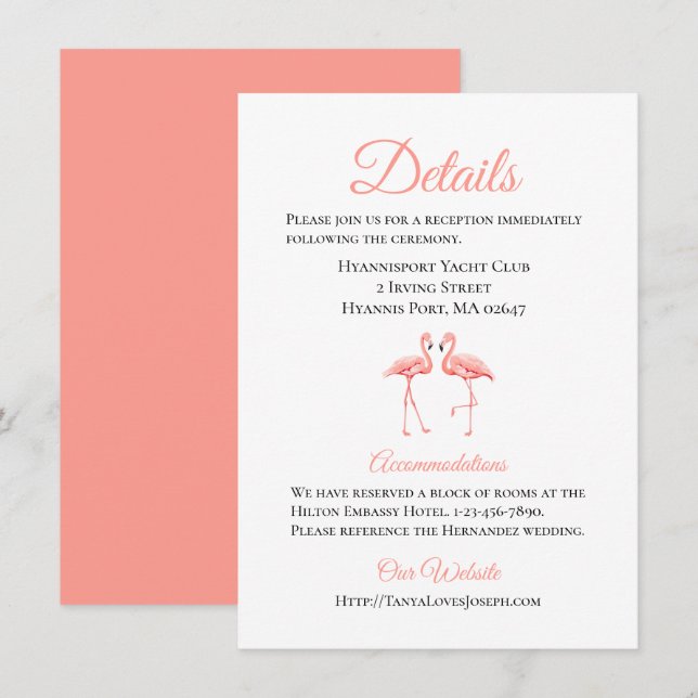 Invitation Détails du Mariage tropical Flamant rose rose Plag (Devant / Derrière)