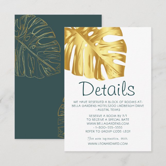 Invitation Détails du Mariage Tropical Gold (Devant / Derrière)