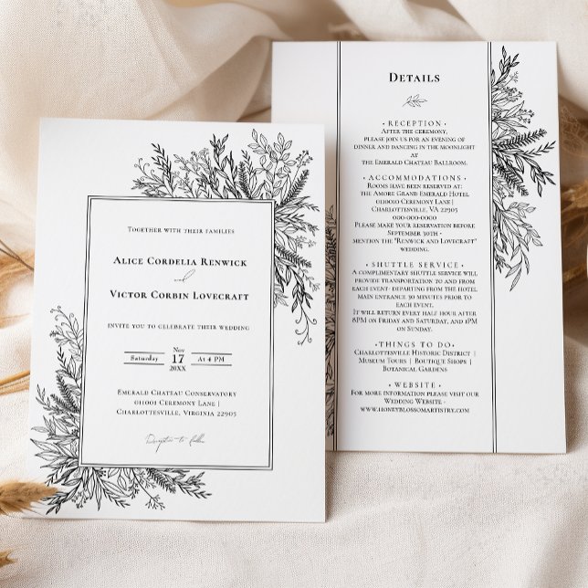 Invitation Détails du Mariage White and Black Greenery (Créateur téléchargé)
