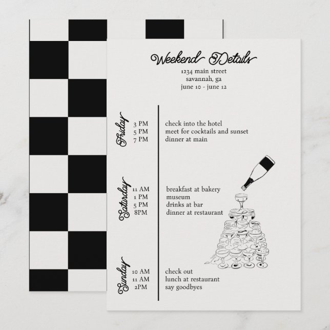 Invitation détails du week-end bachelorette noir et blanc (Devant / Derrière)