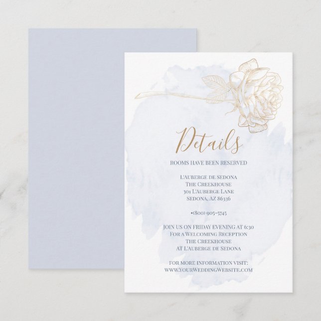 Invitation DÉTAILS | Dusty Blue Watercolor Rose or (Devant / Derrière)