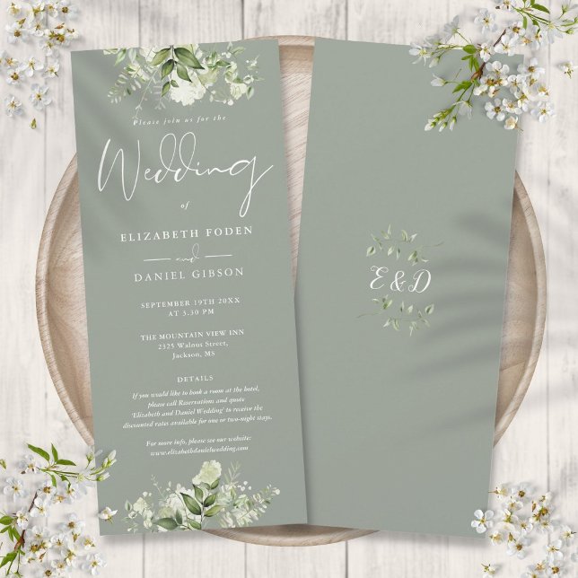 Invitation Détails Floraux de Verdure Élégant Mariage Vert Sa (Greenery Floral Details Elegant Sage Green Wedding Invitation)
