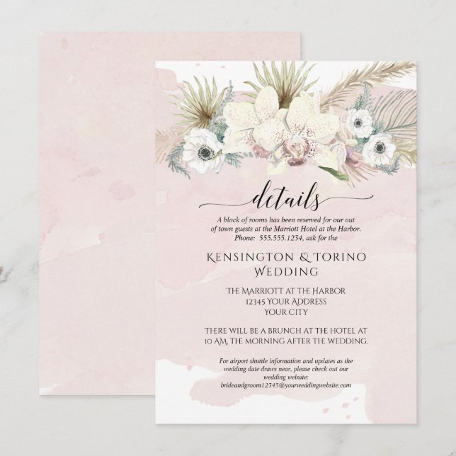 Invitation Détails Moderne Simple Rose Blanc Fleurs de Mariag (Devant / Derrière)