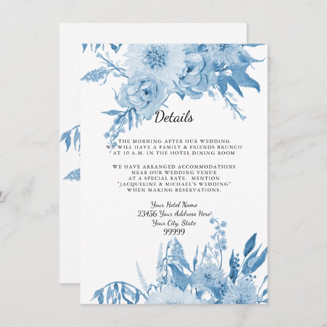Invitation Détails n Hotel Elegant Light Blue n White Floral (Devant / Derrière)