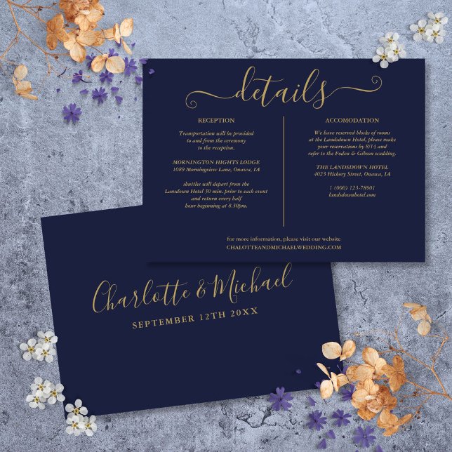Invitation Détails sur le Mariage bleu et or de la marine Inf (Navy Blue And Gold Wedding Details Information Invitation)