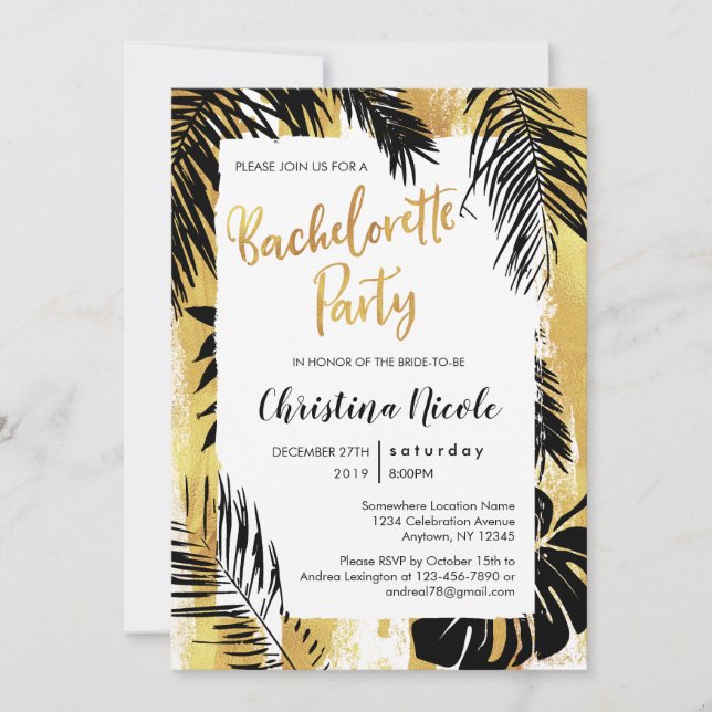 Invitation Détails sur le Tropical Gold Black Bachelorette Pa (Devant)