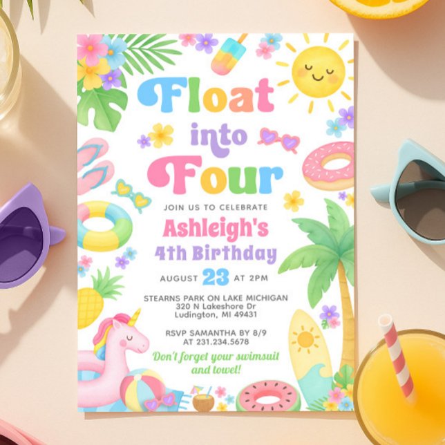 Invitation d'été 4 Anniversaire - Flotter en quatr (Summer 4th Birthday Invitation - Float into Four
)