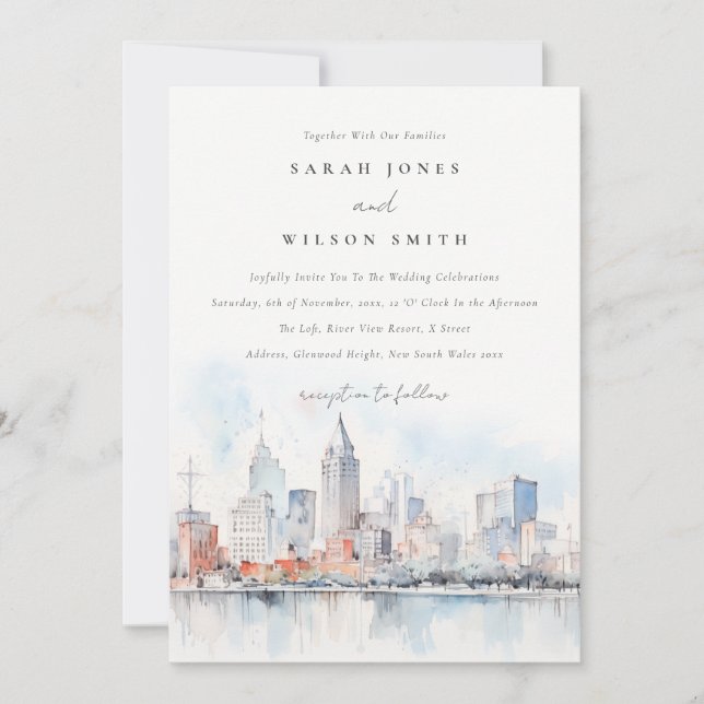 Invitation Detroit Michigan Watercolor Landscape Wedding (Devant)