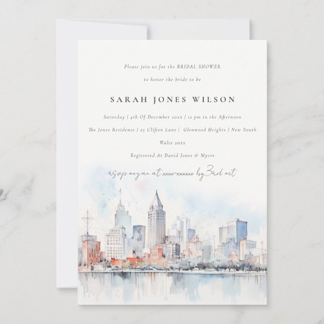 Invitation Detroit Michigan Watercolor Scape Bridal Shower (Devant)