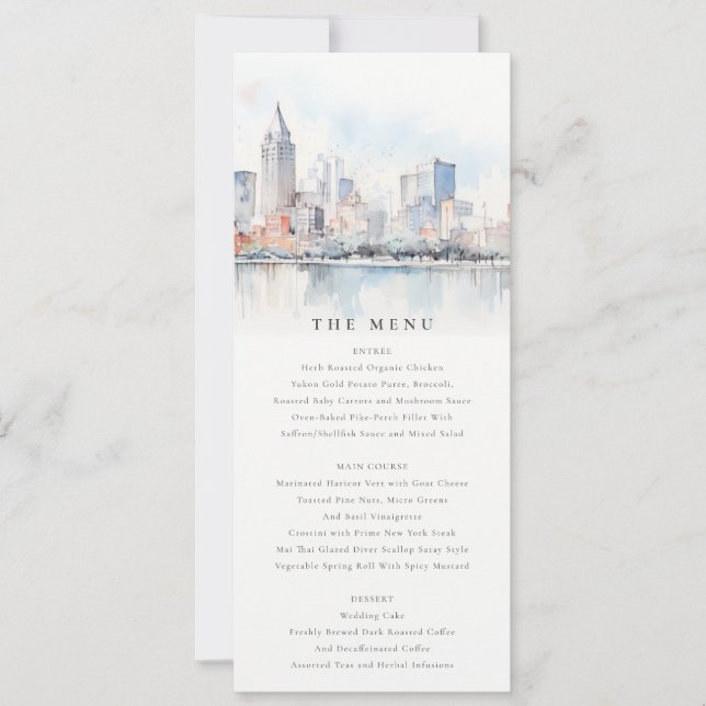 Invitation Detroit Michigan Watercolor Scape Wedding Menu (Devant)