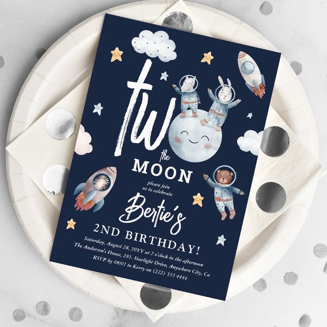 Invitation Deux à la Lune Animaux de l'Espace Mignons 2ème An (Créateur téléchargé)