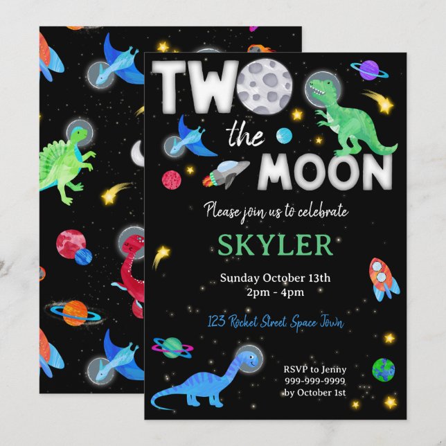 Invitation Deux à la Lune Dinosaure Astronaute 2e Anniversair (Devant / Derrière)
