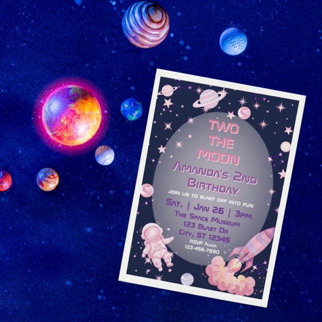 Invitation Deux à la Lune, Espace Rose Violet 2e Anniversaire (Créateur téléchargé)