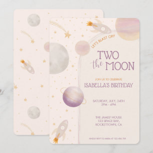 Invitation Deux à la Lune Fille Planètes Étoiles 2e Anniversa