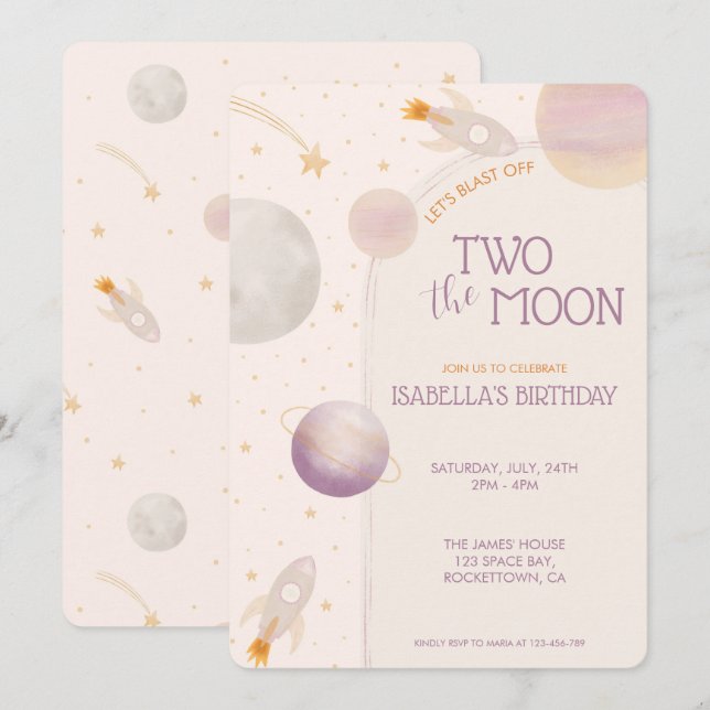 Invitation Deux à la Lune Fille Planètes Étoiles 2e Anniversa (Devant / Derrière)
