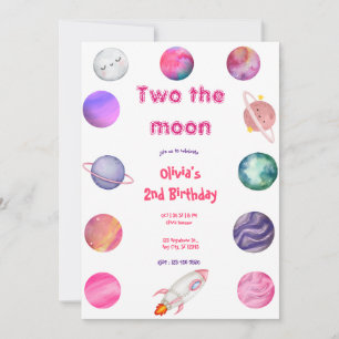 Invitation Deux à la Lune Fille Rose 2e Anniversaire