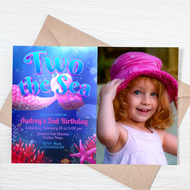 Invitation Deux à la mer avec paysage photo (Two the Sea - Girl Mermaid 2nd Birthday Landscape Invitation with Picture)