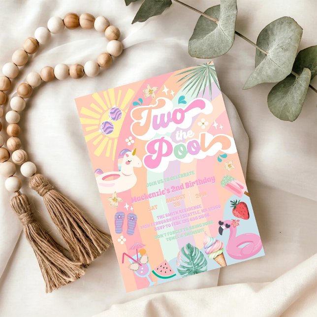 Invitation Deux à la piscine Anniversaire d'été arc-en-ciel S (Créateur téléchargé)