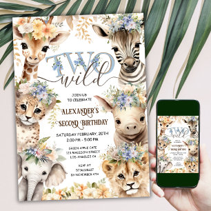 Invitation DEUX Animaux de Safari Sauvage Garçon 2ème Anniver