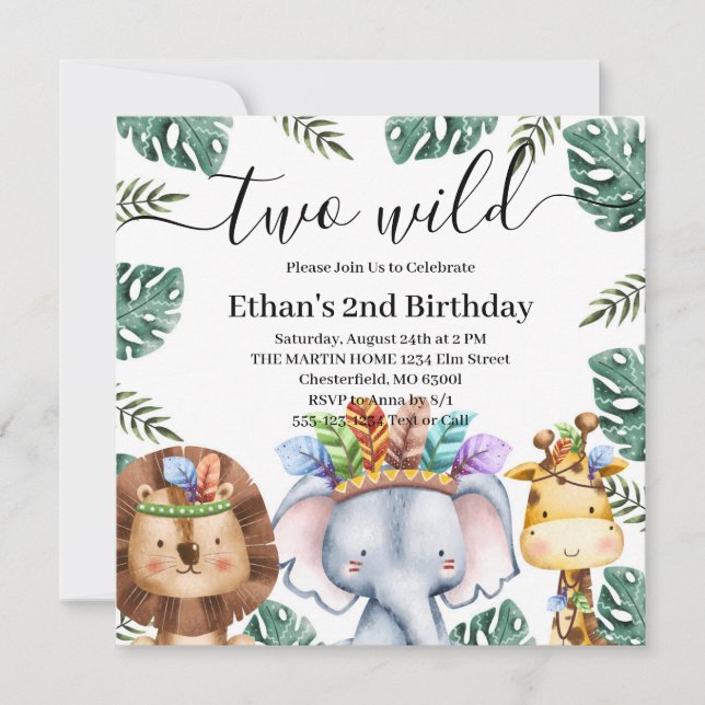 Invitation Deux Animaux Sauvages de la Forêt pour un 2e Anniv (Devant)