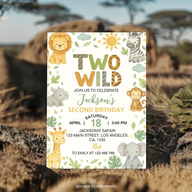 Invitation Deux Animaux Sauvages de la Jungle Safari 2e Anniv (Créateur téléchargé)