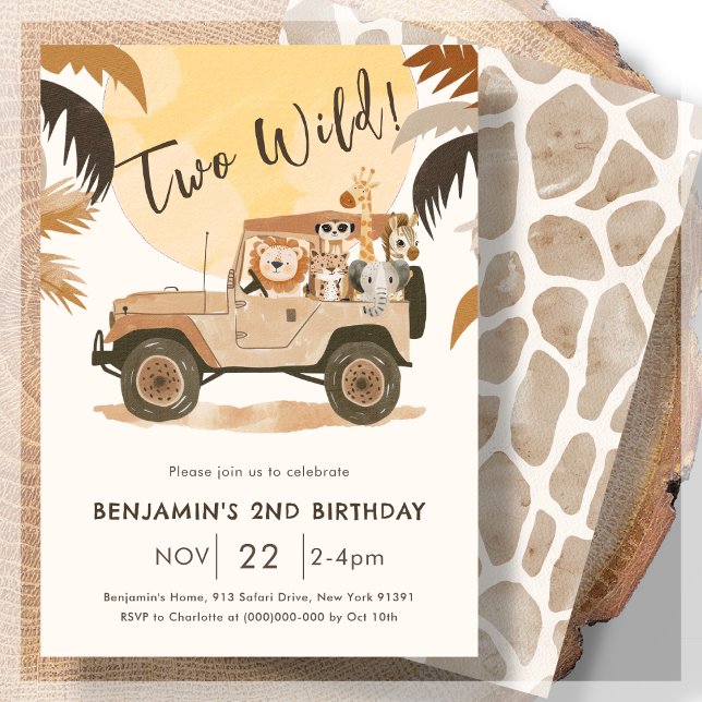 Invitation Deux animaux sauvages de la Jungle Safari 2e anniv (Créateur téléchargé)