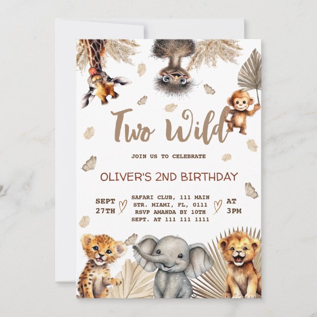 Invitation Deux animaux sauvages Safari 2e anniversaire (Devant)