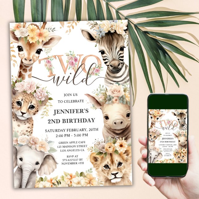 Invitation DEUX animaux sauvages Safari Girl 2e anniversaire (Créateur téléchargé)
